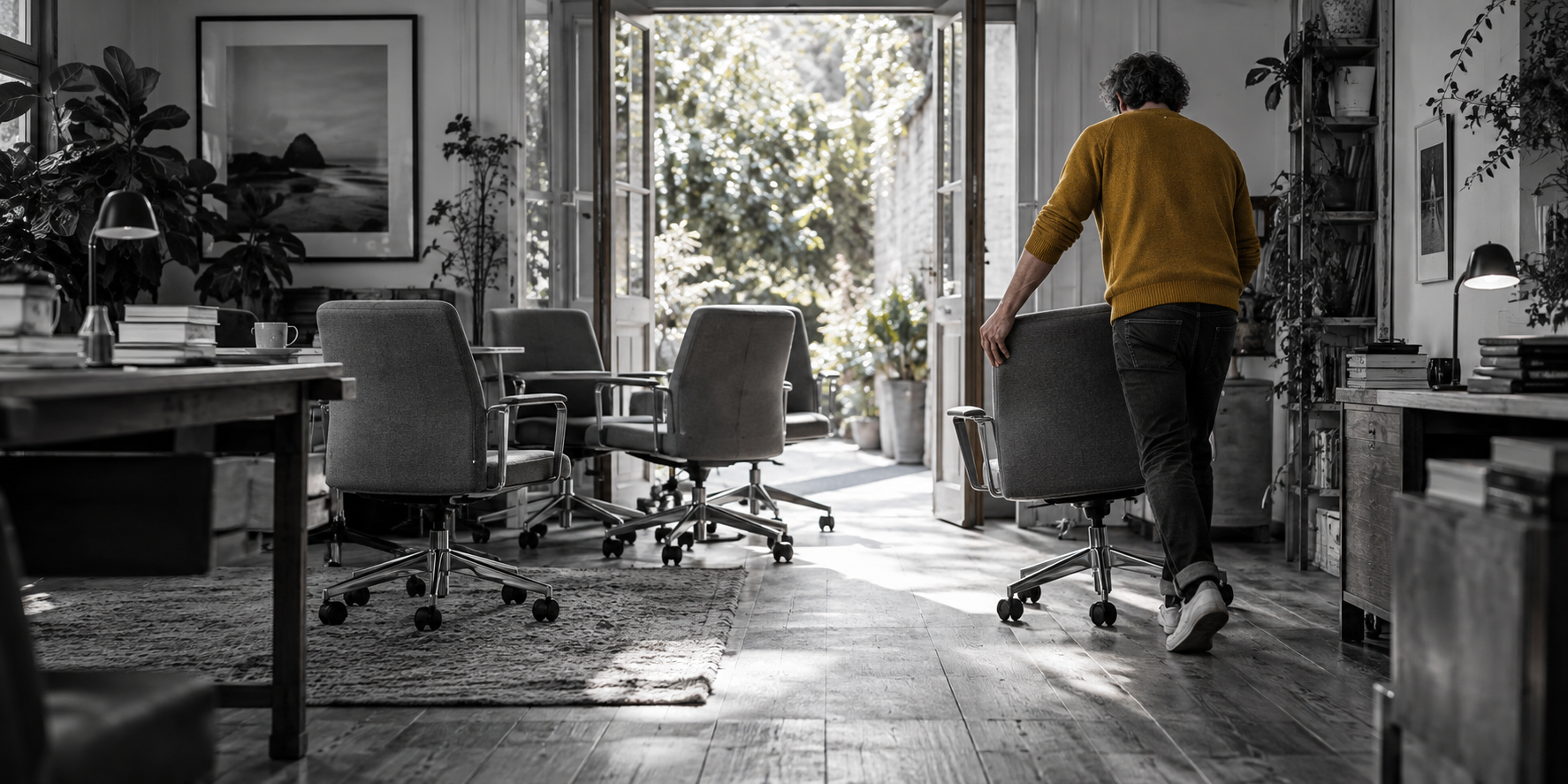 A person in an ochre jumper rolls a grey office chair away from an open doorway to clear a passage.