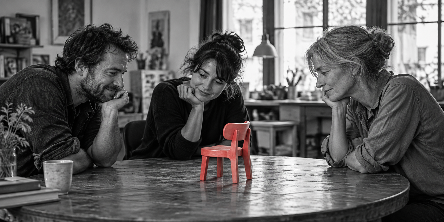 Three people around a monochrome table look at a small coral-red chair from different angles.